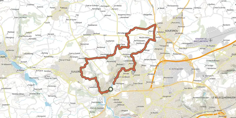 Map of the Au fil de la Penfeld track on the IGN map, with the start and numbered waypoints