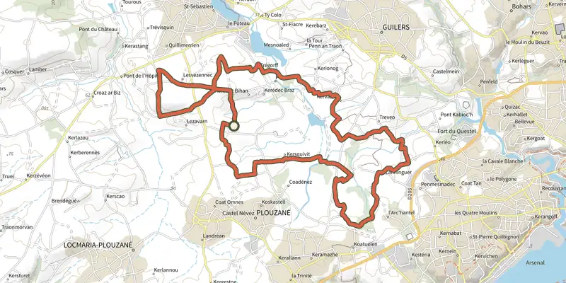 Map of the Aux sources de l'Ildut track on the IGN map, with the start and numbered waypoints