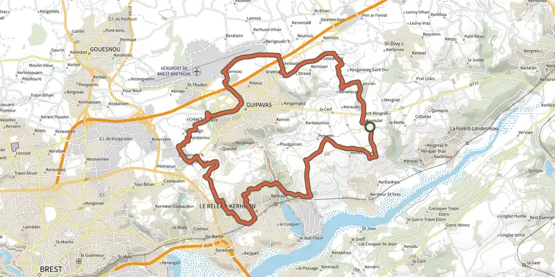 Map of the De l'Élorn à la Penfeld track on the IGN map, with the start and numbered waypoints
