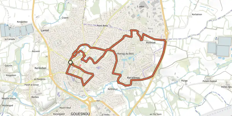 Map of the Circuit du bourg track on the IGN map, with the start and numbered waypoints