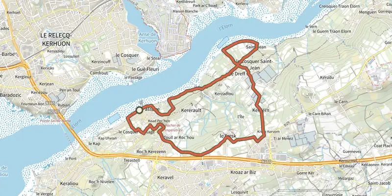 Carte du tracé de Rives de l'Elorn sur le Plan IGN, départ et points de passage numérotés