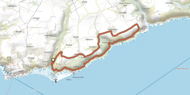 Map of the Du Petit Minou au Minguant track on the IGN map, with the start and numbered waypoints