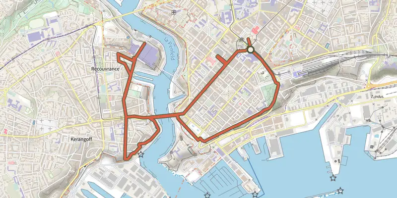 Map of the Centre-ville et marina du château track on the IGN map, with the start and numbered waypoints