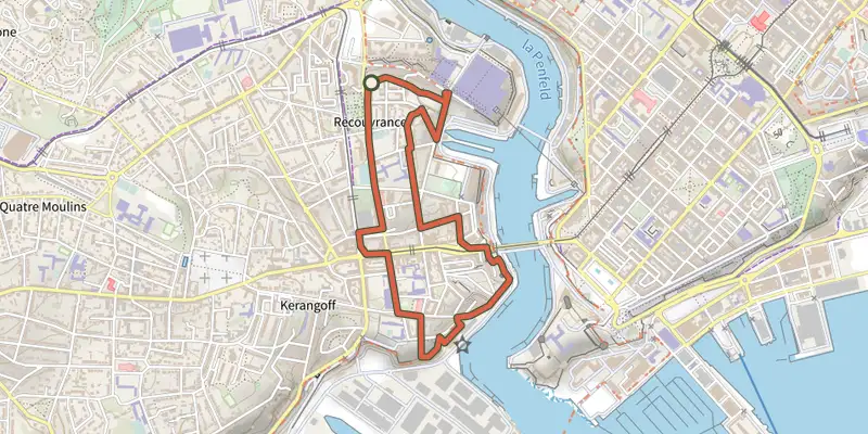 Map of the Balade urbaine Recouvrance track on the IGN map, with the start and numbered waypoints