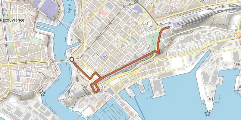 Carte du tracé de Balade urbaine Penfeld à la gare sur le Plan IGN, départ et points de passage numérotés