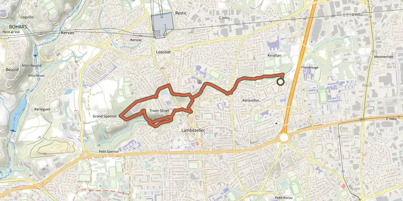 Map of the Le Spernot de Keravelloc à la Brasserie track on the IGN map, with the start and numbered waypoints