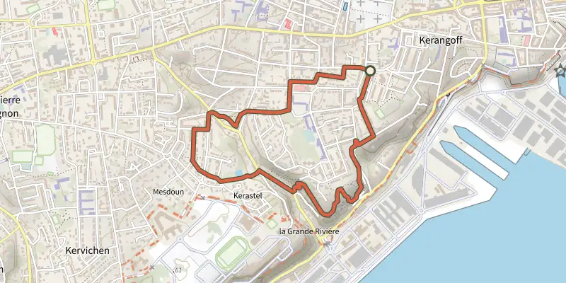 Carte du tracé de De Kerangoff à Kerbonne sur le Plan IGN, départ et points de passage numérotés