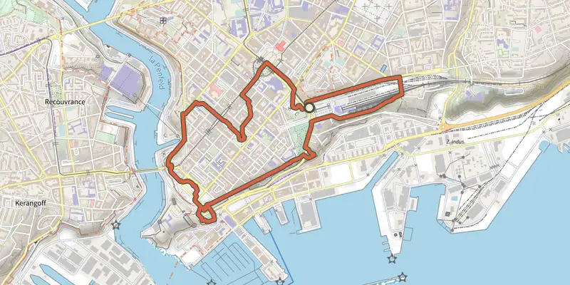 Carte du tracé de Ceinture verte du centre-ville de Brest sur le Plan IGN, départ et points de passage numérotés