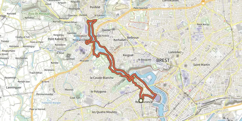 Carte du tracé de Boucle Penfeld - Capucins sur le Plan IGN, départ et points de passage numérotés