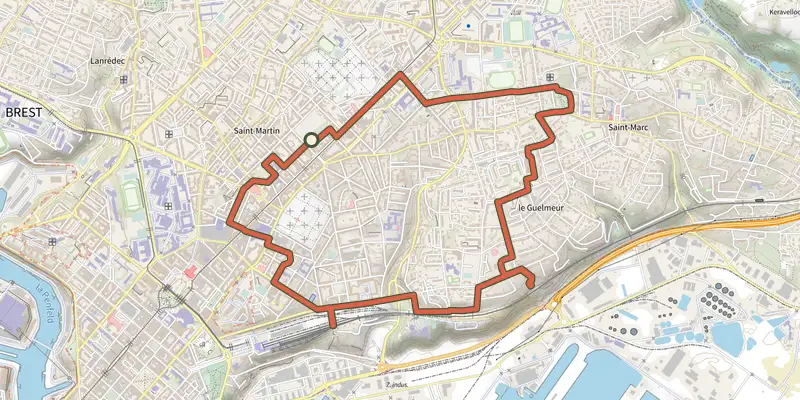 Carte du tracé de Des hauts de Jaures au quartier du Guelmeur sur le Plan IGN, départ et points de passage numérotés