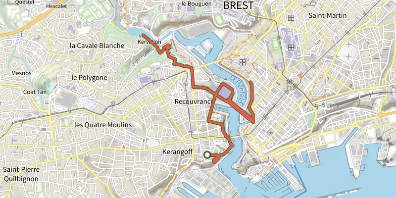 Map of the Recouvrance-Penfeld track on the IGN map, with the start and numbered waypoints