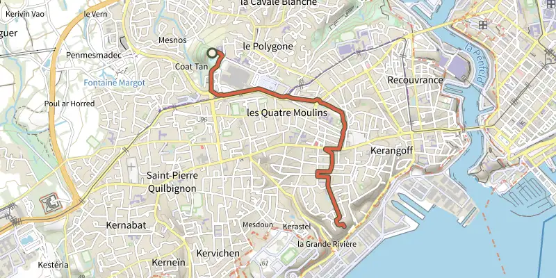 Map of the Côté 4 moulins track on the IGN map, with the start and numbered waypoints