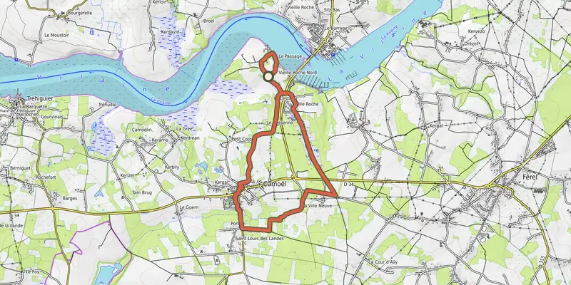 Carte du tracé de Vieille Roche sur OpenTopoMap, départ et points de passage numérotés