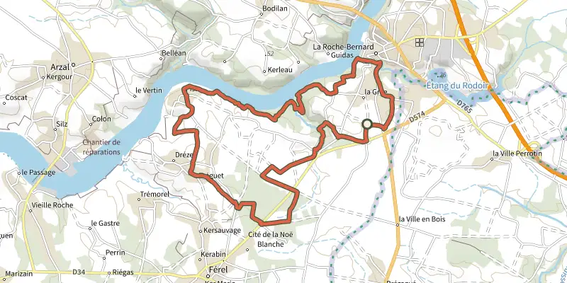 Map of the Les Bords de Vilaine track on the IGN map, with the start and numbered waypoints