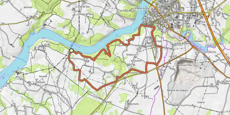 Map of the Variante Moyenne Boucle track on OpenTopoMap, with the start and numbered waypoints