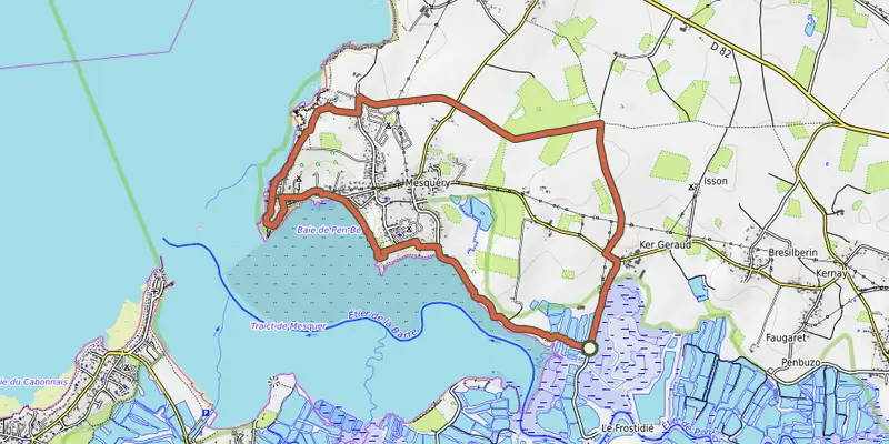 Carte du tracé de Entre Sel et Terre sur OpenTopoMap, départ et points de passage numérotés