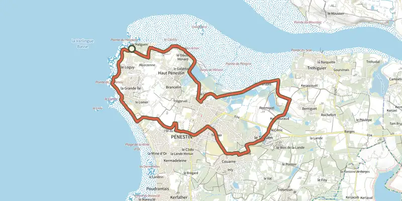 Map of the Entre Mer et Vilaine - MAREE HAUTE track on the IGN map, with the start and numbered waypoints
