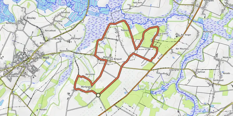 Carte du tracé de De Montpignac aux Landes sur OpenTopoMap, départ et points de passage numérotés