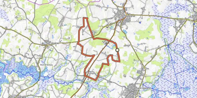 Map of the La Cour aux Loups track on OpenTopoMap, with the start and numbered waypoints