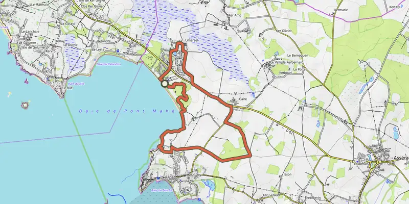 Map of the De la Mer A la Mer track on OpenTopoMap, with the start and numbered waypoints