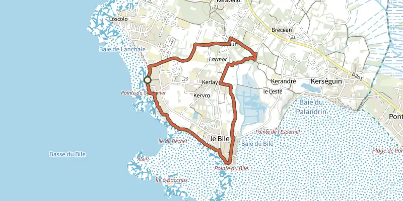 Carte du tracé de Cap sur le Bile sur le Plan IGN, départ et points de passage numérotés