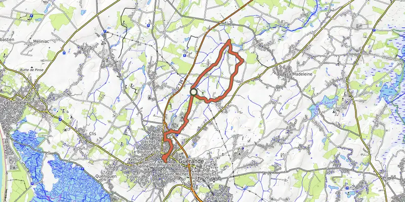 Carte du tracé de Kercabus - BOUCLE NORD DE GUERANDE sur OpenTopoMap, départ et points de passage numérotés