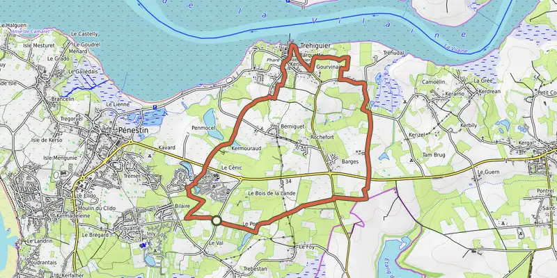 Map of the Autour de Trehiguier track on OpenTopoMap, with the start and numbered waypoints