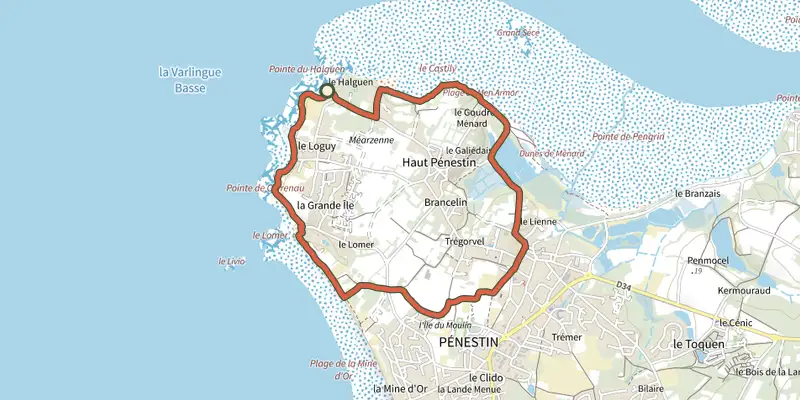 Carte du tracé de Entre Estuaire et Ocean sur le Plan IGN, départ et points de passage numérotés