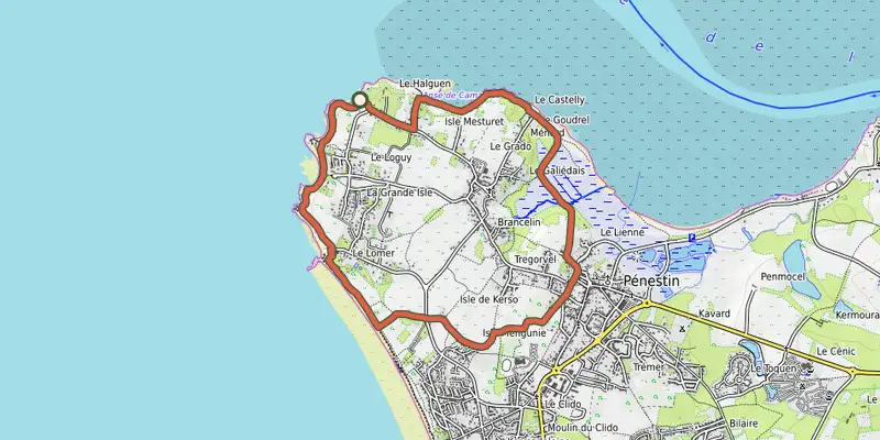 Map of the Entre Estuaire et Ocean track on OpenTopoMap, with the start and numbered waypoints