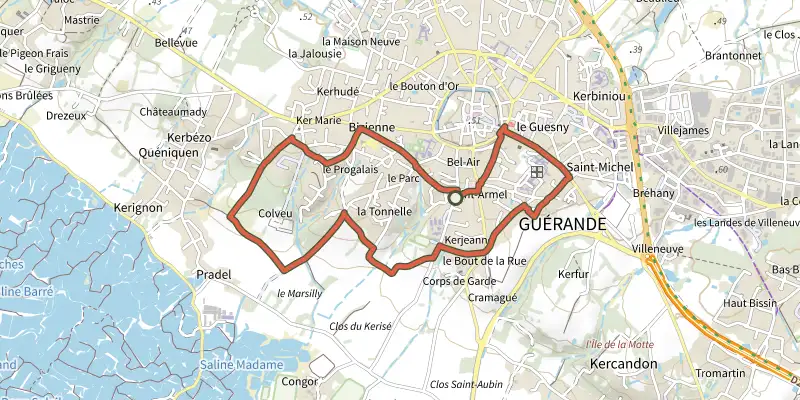 Carte du tracé de Boucles de Colveux sur le Plan IGN, départ et points de passage numérotés