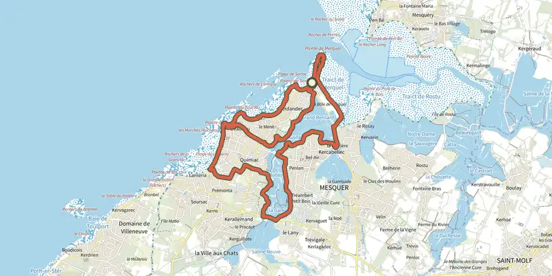 Map of the La Pointe de Merquel track on the IGN map, with the start and numbered waypoints