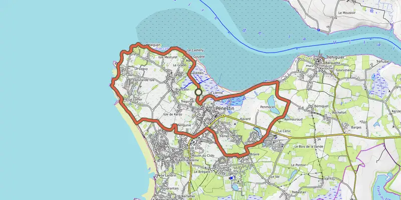Map of the Entre Mer et Vilaine - MAREE BASSE track on OpenTopoMap, with the start and numbered waypoints