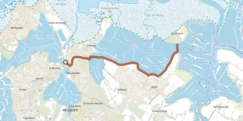 Map of the Liaison Kercabellec - ROSTU track on the IGN map, with the start and numbered waypoints