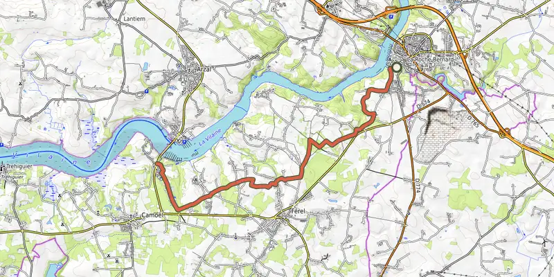 Map of the V42_Arzal - Dinan via Rennes track on OpenTopoMap, with the start and numbered waypoints