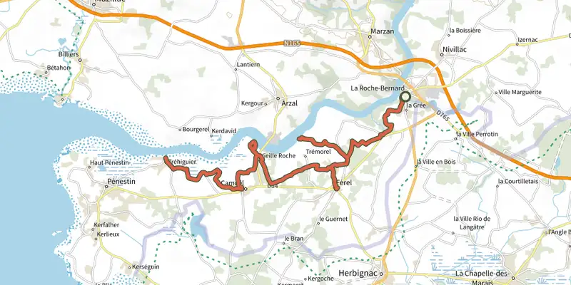 Map of the De la Vilaine aux bouchots track on the IGN map, with the start and numbered waypoints