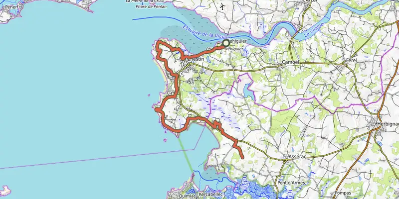 Carte du tracé de Du port de Tréhiguier à la baie de Pont-Mahé sur OpenTopoMap, départ et points de passage numérotés