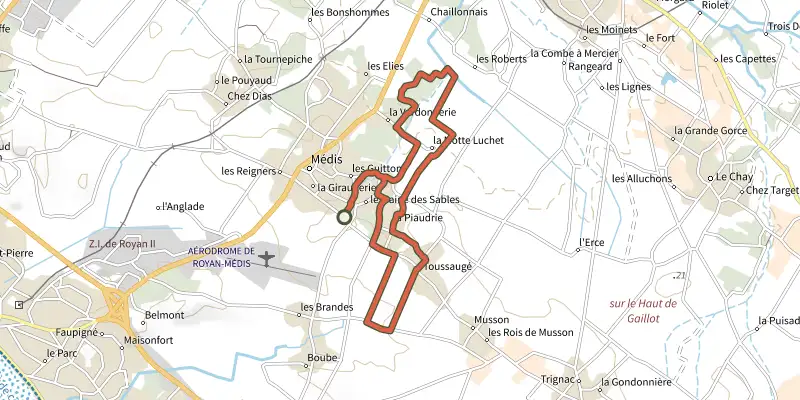 Carte du tracé de Pr14 - Par la campagne et les bois sur le Plan IGN, départ et points de passage numérotés