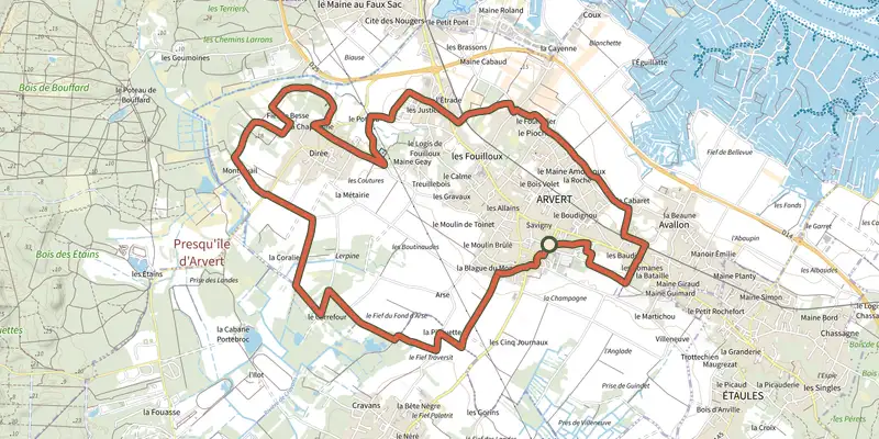 Map of the Pr11 - Au cœur de la presqu'île track on the IGN map, with the start and numbered waypoints