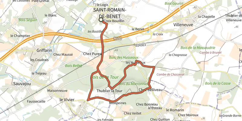 Map of the Pr25 - La tour de Pirelonge track on the IGN map, with the start and numbered waypoints
