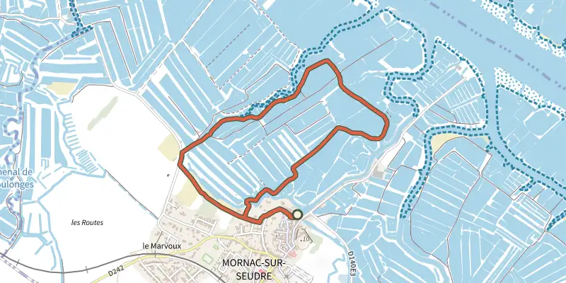 Map of the Detours mornac 1 track on the IGN map, with the start and numbered waypoints
