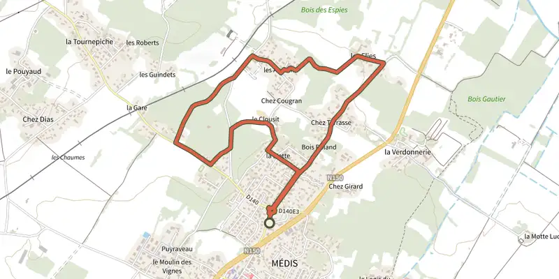 Map of the Detours medis 2 track on the IGN map, with the start and numbered waypoints