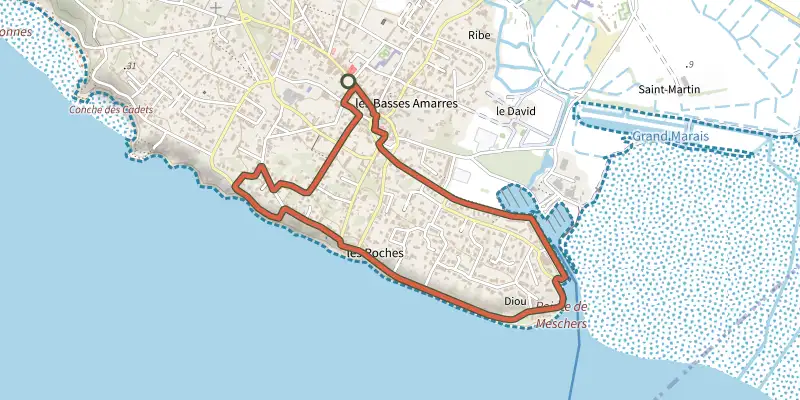 Map of the Detours meschers 1 track on the IGN map, with the start and numbered waypoints