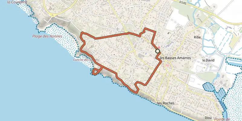 Map of the Detours meschers 2 track on the IGN map, with the start and numbered waypoints