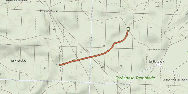 Map of the Jonction les carreaux - les rochelais track on the IGN map, with the start and numbered waypoints