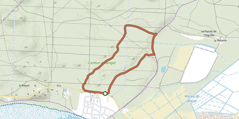 Map of the Sentier des brandes track on the IGN map, with the start and numbered waypoints