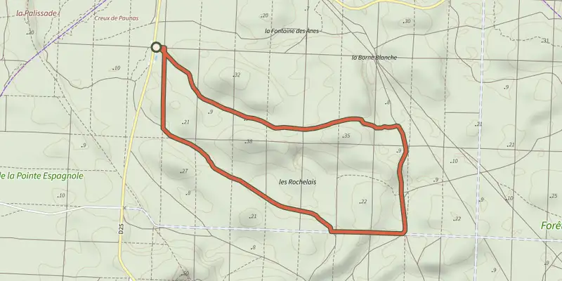 Map of the Sentier des rochelais track on the IGN map, with the start and numbered waypoints