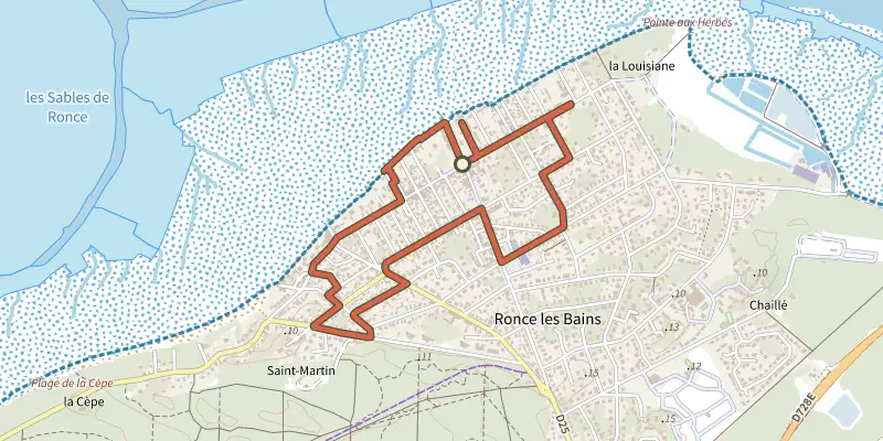 Map of the Detours ronce-les-bains track on the IGN map, with the start and numbered waypoints