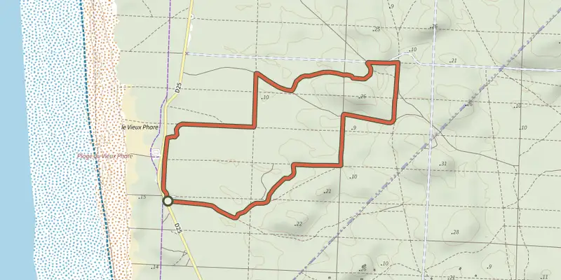 Map of the Sentier de notre dame de buze track on the IGN map, with the start and numbered waypoints