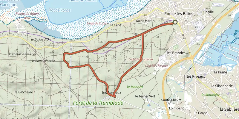 Map of the Sentier des carreaux track on the IGN map, with the start and numbered waypoints