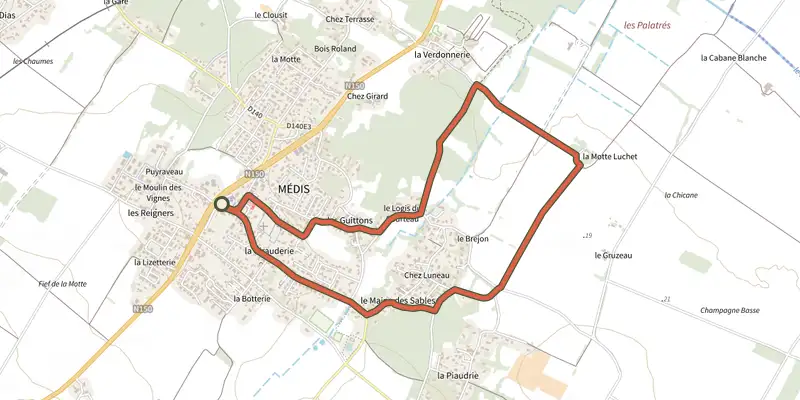 Map of the Detours medis 1 track on the IGN map, with the start and numbered waypoints